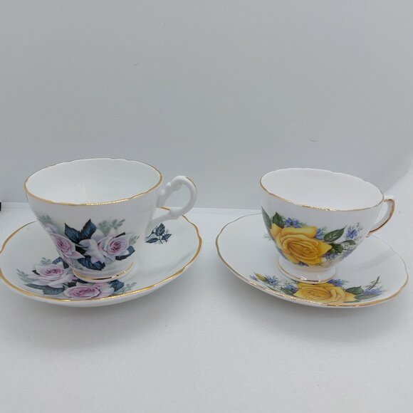 2 Vintage Tea Cups & Saucers Royal Vale & Consort - Yellow Rose White Pink Rose - Picture 2 of 16